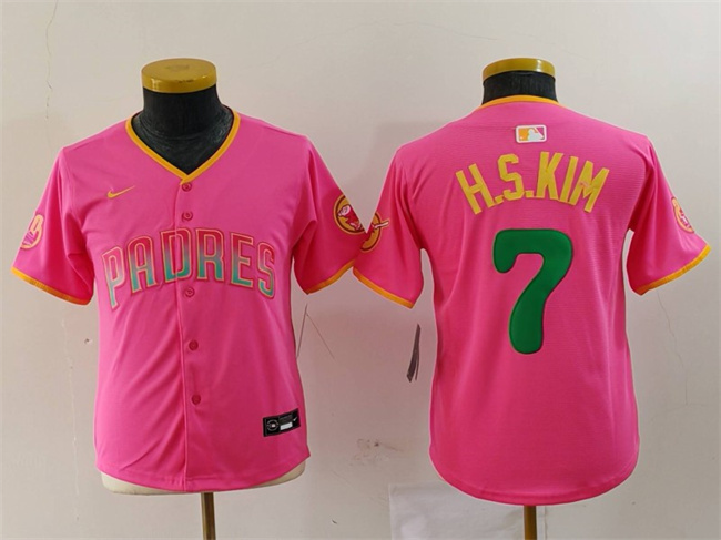 Youth San Diego Padres #7 Ha-Seong Kim Pink Stitched Baseball Jersey Youth San Diego Padres #7 Ha-Seong Kim Pink Stitched Baseball Jersey